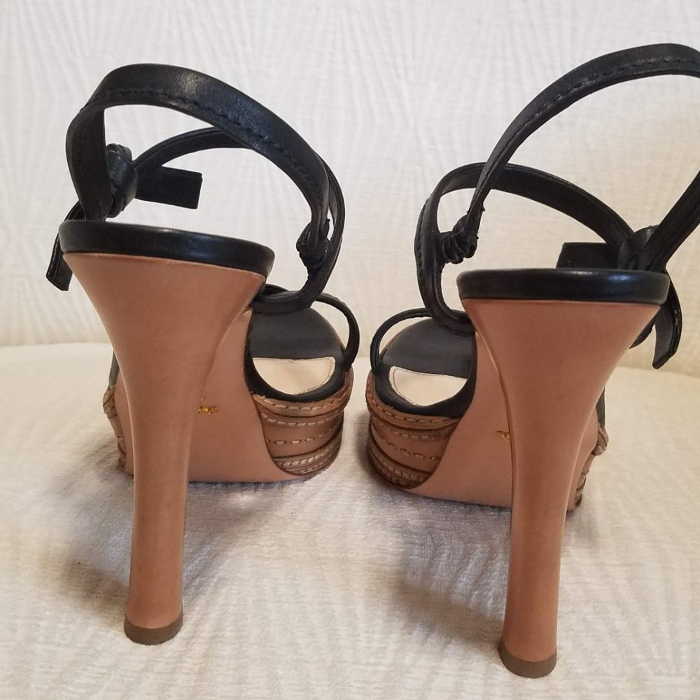 Prada Vintage 2009 Black Leather Whipstich High Heel Platform Sandals Sz 39.5/ 9 - Picture 5 of 8